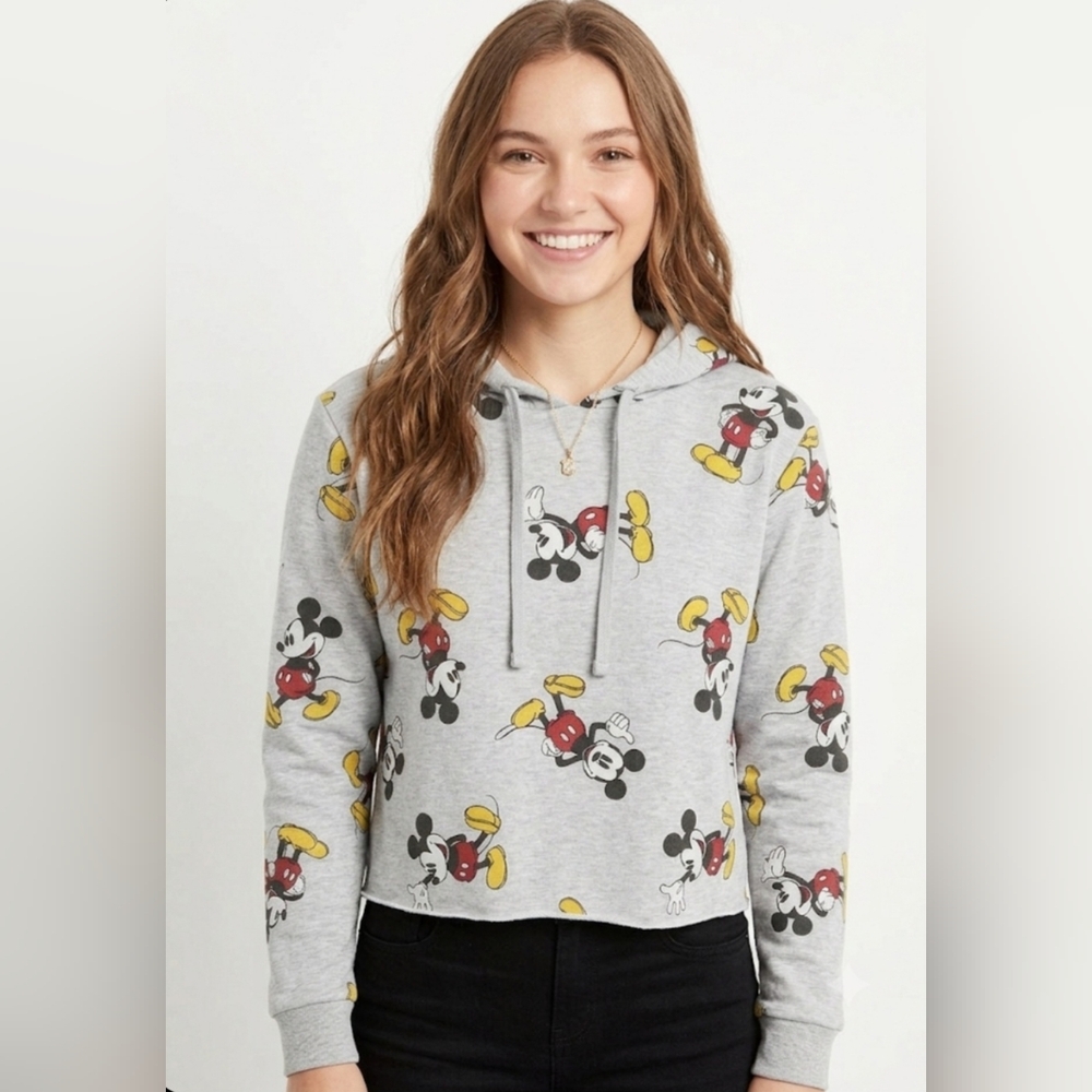 ​✨ Disney Mickey Mouse All Over Print Raw Hem Cropped Hoodie Sweater Gray XL